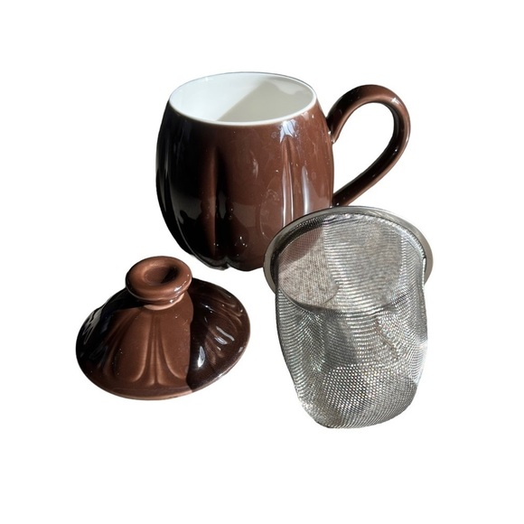 Teavana 8 oz Porcelain Personal Tea Mug Cup Infuser Strainer Lid 3 pc Set Brown - Picture 1 of 9